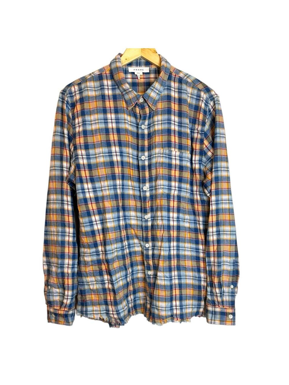 Frame Men’s Water Blue Multi Plaid Button Up Shirt Distressed Raw Hem XL Slim